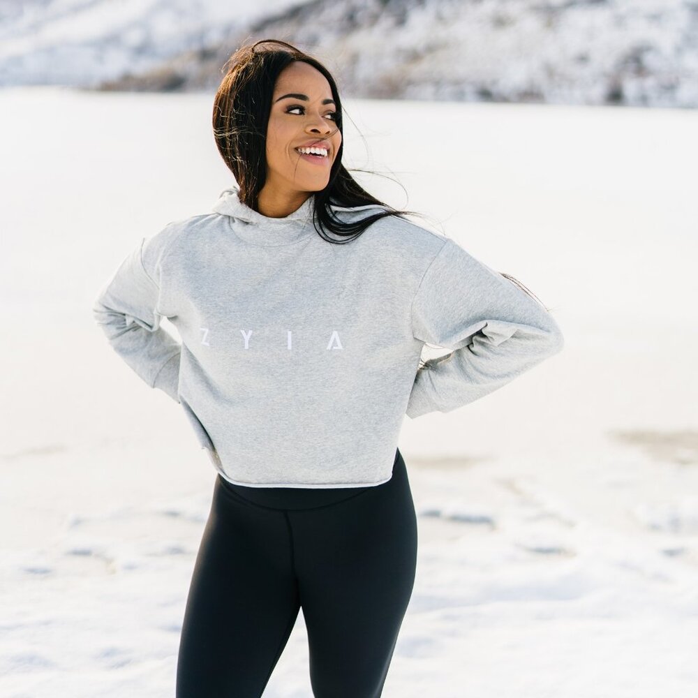 Gray ZYIA Raw Edge Crop Hoodie